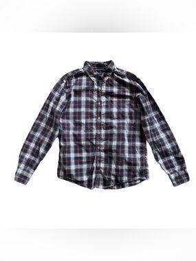 American Eagle Outfitters Navy and Orange Plaid Button-Down Shirt Size Large